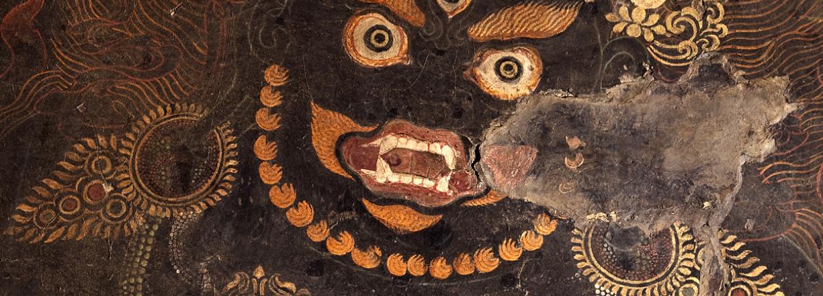 Chapels dedicated to protective deities are common features of monastic complexes and religious sites across the Tibetan Plateau. Chief amongst the protectors is Nakpo Chenpo (Mahākāla), the great black one. A mural of Gur Gönpo in the Galingteng Gönkhang before restoration